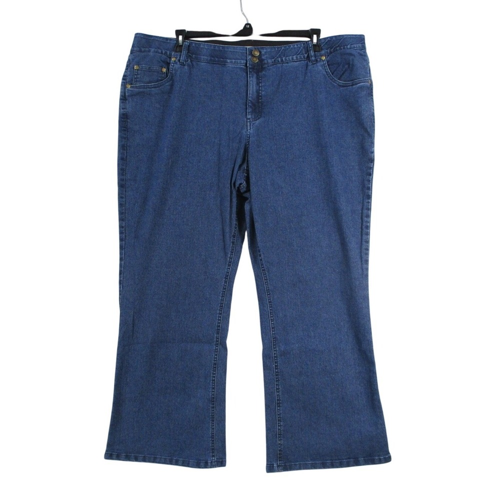 Womens Medium‎ Wash Blue Denim Wide Leg Jeans Gold Hardware Double Button Waist